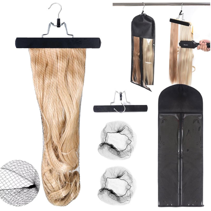 Modpion Extra Long Hair Extension Hanger Kit Double Side Anti-Slip Hair Extension Holder with Long Portable Protection Suit Bag (Black) - Image 1